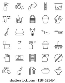 thin line vector icon set - cleaner trolley vector, broom, vacuum, fetlock, scoop, bucket, clothespin, sponge, trash bin, water tap, splotch, steaming, toilet, drying clothes, foam basin, sprayer