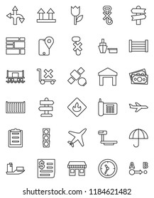 thin line vector icon set - route vector, signpost, Railway carriage, office, plane, satellite, money, traffic light, phone, traking, ship, sea container, clock, receipt, port, wood box, clipboard