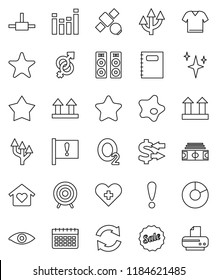 thin line vector icon set - shining vector, splotch, copybook, exchange, pie graph, stadium, target, calendar, oxygen, attention, satellite, top sign, equalizer, favorites, heart cross, eye, gender