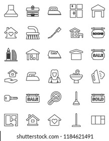 thin line vector icon set - plunger vector, fetlock, mop, car, iron, steaming, shining window, house hold, sink, cleaner woman, university, dry cargo, warehouse, key, cottage, plan, sale signboard