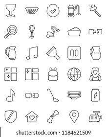 thin line vector icon set - scraper vector, vacuum cleaner, window cleaning, foam basin, plates, shining, woman, colander, ladle, jug, backpack, music, punching bag, enegry drink, glass, protected