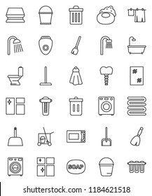 thin line vector icon set - soap vector, cleaner trolley, broom, mop, scoop, bucket, sponge, towel, trash bin, window cleaning, toilet, drying clothes, washer, shining, shower, microwave oven, bath