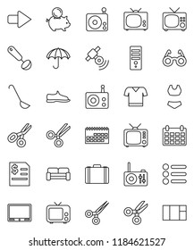 thin line vector icon set - ladle vector, glasses, scissors, piggy bank, case, annual report, calendar, snickers, swimsuite, t shirt, umbrella, radio, satellitie, tv, arrow, cushioned furniture