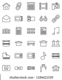 thin line vector icon set - welcome mat vector, microwave oven, glasses, calculator, music, roller Skates, dry cargo, top sign, film frame, link, mail, bench, connection, water supply, fence, home