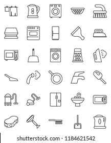 thin line vector icon set - scraper vector, water tap, vacuum cleaner, fetlock, scoop, sponge, steaming, drying clothes, washer, sink, pan, kettle, colander, grater, microwave oven, fridge, iron