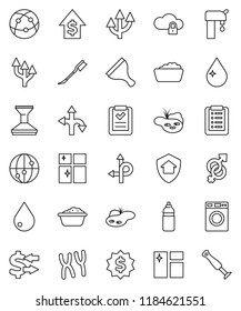 thin line vector icon set - scraper vector, water drop, car fetlock, window cleaning, washer, foam basin, shining, exchange, dollar growth, medal, bottle, route, internet, gender sign, chromosomes