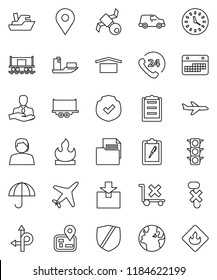 thin line vector icon set - route vector, navigator, earth, map pin, Railway carriage, plane, satellite, traffic light, phone 24, support, client, ship, truck trailer, car, clock, calendar, document