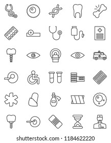 thin line vector icon set - school building vector, ambulance star, disabled, vial, eye, dna, insemination, broken bone, sand clock, patch, stethoscope, pills blister, doctor hat, anamnesis, potion