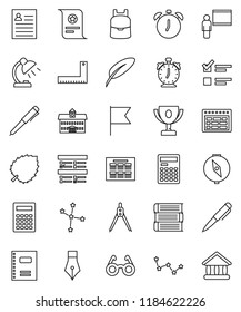 thin line vector icon set - book vector, copybook, pen, university, blackboard, corner ruler, drawing compass, glasses, backpack, table lamp, calculator, alarm clock, schedule, award cup, flag, leaf