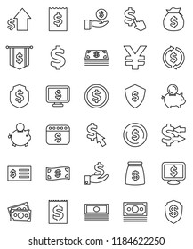 thin line vector icon set - exchange vector, dollar coin, cash, money bag, piggy bank, investment, growth, receipt, flag, shield, calendar, monitor, cursor, yen sign