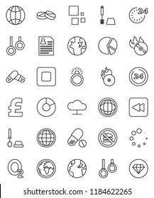 thin line vector icon set - toilet brush vector, world, pie graph, personal information, pound, pills, no fastfood, gymnast rings, oxygen, earth, music hit, stop button, backward, cloud network