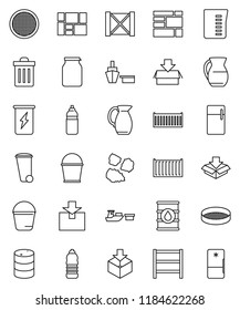 thin line vector icon set - bucket vector, trash bin, garbage pile, measuring cup, jug, sieve, jar, enegry drink, water bottle, sea container, port, wood box, consolidated cargo, package, oil barrel
