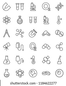 thin line vector icon set - thermometer vector, drawing compass, atom, telescope, microscope, magnet, flask, molecule, oxygen, satellite, vial, dna, pills, drop counter, ovule