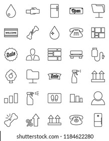 thin line vector icon set - water drop vector, welcome mat, sprayer, percent growth, consolidated cargo, top sign, sorting, classic phone, broken bone, counter, network folder, lan connector, bench