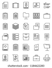 thin line vector icon set - case vector, clipboard, certificate, document, archive, exam, annual report, binder, newspaper, network folder, big data, estate, receipt, catalog, printer
