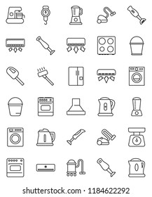 thin line vector icon set - vacuum cleaner vector, bucket, kettle, scales, oven, blender, air conditioner, fridge, washer, coffee maker, hood