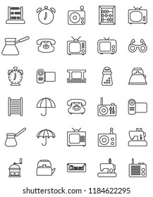 thin line vector icon set - washboard vector, kettle, hand mill, turk coffee, glasses, alarm clock, abacus, phone, umbrella, film frame, radio, tv, classic, closed, video camera, sewing machine