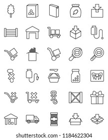 thin line vector icon set - washing powder vector, cereal, pasta, delivery, wood box, cargo, no trolley, hook, warehouse, package, search, pills bottle, drop counter, gift