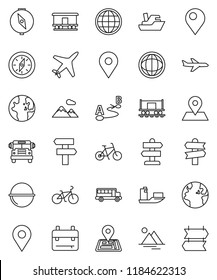 thin line vector icon set - camping cauldron vector, backpack, compass, school bus, world, bike, signpost, navigator, earth, map pin, Railway carriage, plane, ship, route, globe, mountain