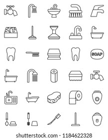 thin line vector icon set - soap vector, water tap, fetlock, mop, sponge, car, bath, toilet brush, paper, shower, sink, tooth, epilator