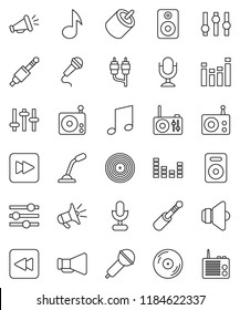 thin line vector icon set - music vector, disk, microphone, radio, speaker, loudspeaker, settings, equalizer, forward button, backward, rca, jack