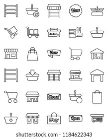 thin line vector icon set - office vector, cargo, warehouse, shelving, new, open, closed, shopping bag, market, store, mall, buy, basket, cart, scales