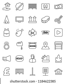 thin line vector icon set - soap vector, mop, sponge, splotch, welcome mat, house hold, towel, mixer, chicken leg, backpack, scissors, cash, pound, map pin, top sign, flammable, loudspeaker, monitor