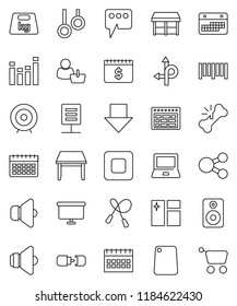 thin line vector icon set - window cleaning vector, cutting board, notebook pc, schedule, target, arrow down, presentation, dollar calendar, jump rope, gymnast rings, route, weight, barcode, speaker