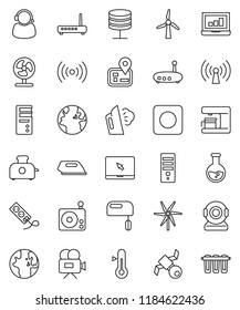 thin line vector icon set - steaming vector, thermometer, world, flask, laptop graph, navigator, earth, satellite, radio, video camera, notebook pc, rec button, network server, router, windmill, fan