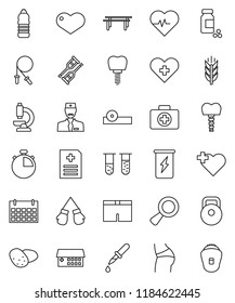 thin line vector icon set - potato vector, heart pulse, stopwatch, pills vial, weight, jump rope, horizontal bar, buttocks, boxing glove, shorts, enegry drink, water bottle, calendar, cereals, cross