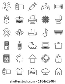 thin line vector icon set - toilet vector, university, notebook pc, music, target, arrow up, roller Skates, dry cargo, remote control, social media, syringe, cloud network, bench, loading, lock, buy