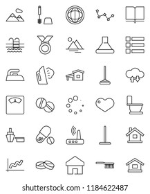 thin line vector icon set - fetlock vector, mop, iron, steaming, toilet, brush, book, world, constellation, graph, scales, medal, pills, pool, port, heart, cloud exchange, router, home, loading