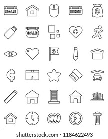 thin line vector icon set - plates vector, ruler, clock, dollar flag, tie, cent sign, shorts, heart cross, run, dry cargo, eye, home, loading, house, garage, sale signboard, rent, office building