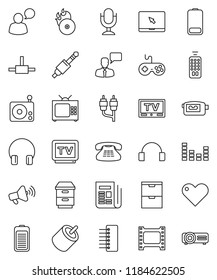 thin line vector icon set - film frame vector, music hit, radio, newspaper, loudspeaker, gamepad, equalizer, tv, video camera, microphone, remote control, speaking man, headphones, notebook pc, rca