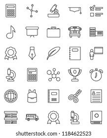 thin line vector icon set - copybook vector, graduate hat, pen, school building, blackboard, case, backpack, microscope, calculator, alarm clock, award cup, medal, scissors, bus, music, world, exam