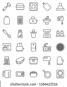 thin line vector icon set - sponge vector, sink, pan, measuring cup, scales, apron, cook glove, whisk, meat hammer, cutting board, hand mill, grater, toaster, oven, spices, sieve, jar, fridge, mixer