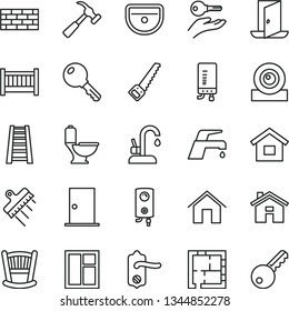 thin line vector icon set - house vector, cradle, baby cot, dwelling, brickwork, window, arm saw, stepladder, sink, toilet, laying out, door knob, ntrance, spatula, faucet mixer, kitchen, boiler