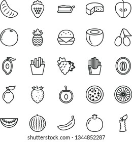 thin line vector icon set - cheese vector, pizza, big burger, cake slice, French fries, fried potato slices, strawberry, pomegranate, branch of grape, quince, tasty apple, cornels, raspberry, cherry