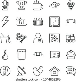 thin line vector icon set - lightning vector, desktop microphone, rss feed, question, children's sand set, baby toy train, dwelling, laying out, muffin, sushi, cup of tea, jam, large grape, onion