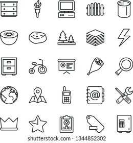 thin line vector icon set - lightning vector, sign of the planet, remove label, bedside table, chest drawers, child bicycle, small tools, hedge, star, map, pile, address book, grill chicken leg