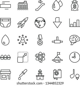 thin line vector icon set - downward direction vector, minus, nappy, wall clock, drop, expand picture, bundle of eggs, hydroelectricity, pc power supply, connect, atom, brain, pipette, growth graph
