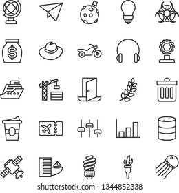 thin line vector icon set - hat vector, tower crane, saving light bulb, dust bin, headphones, globe, coffe to go, barrel, money, settings, satellite, biohazard, growth graph, flame torch, cup, hotel