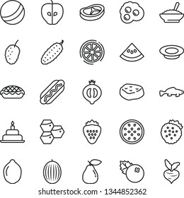 thin line vector icon set - bath ball vector, birthday cake, Hot Dog, apple pie, a bowl of buckwheat porridge, plate milk, bacon, piece meat, cucumber, small fish, omelette, blueberries, strawberry