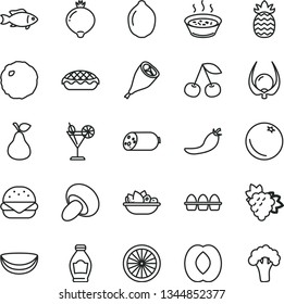 thin line vector icon set - sausage vector, bundle of eggs, big burger, porcini, apple pie, porridge in a saucepan, plate fruit, grill chicken leg, cabbage, fish, cocktail, pear, orange, bottle