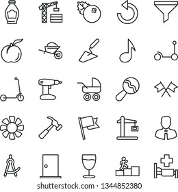 thin line vector icon set - counterclockwise vector, beanbag, baby carriage, Kick scooter, child, tower crane, garden trolley, trowel, drill, ntrance door, hammer with claw, employee, flag, glass
