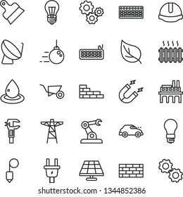 thin line vector icon set - brickwork vector, brick wall, big core, building trolley, construction helmet, plummet, putty knife, solar panel, leaf, bulb, light, power pole, electric plug, retro car