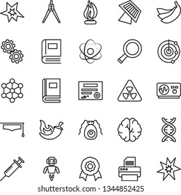 thin line vector icon set - chili vector, bananas, printer, atom, nuclear, zoom, dna, brain, gears, bactery, book, oscilloscope, flame, graduate hat, drawing compass, radar, medal, robot, sun panel