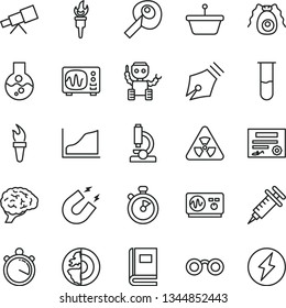 thin line vector icon set - pan vector, flask, test tube, microscope, telescope, glasses, nuclear, brain, bactery, book, oscilloscope, magnet, artifical insimination, growth graph, earth core, robot