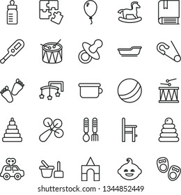 thin line vector icon set - toys over the cot vector, dummy, feeding bottle, baby rattle, open pin, electronic thermometer e, bath ball, stacking rings, toy, motor vehicle present, sand set, tracks