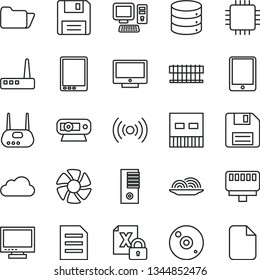 thin line vector icon set - floppy disk vector, monitor, screen, big data, onion, computer, tablet pc, fan, radiator, encrypting, tower, cpu, web camera, usb, router, cd, folder, lan connector, file